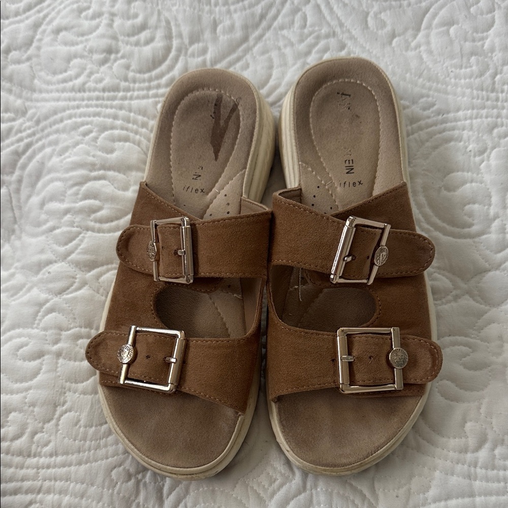 Kids Brown Suede Double-Buckle Slide Sandals